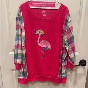 Upcycled by me a flamingo decal on hot pink sweatshirt w dressshirt 3/4 length